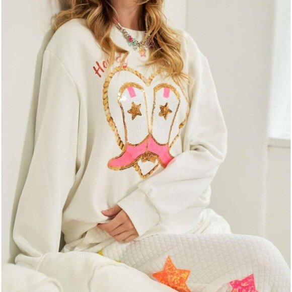 Cowgirl Rope Print With Sequin Boots Sweater - Picture 1 of 8